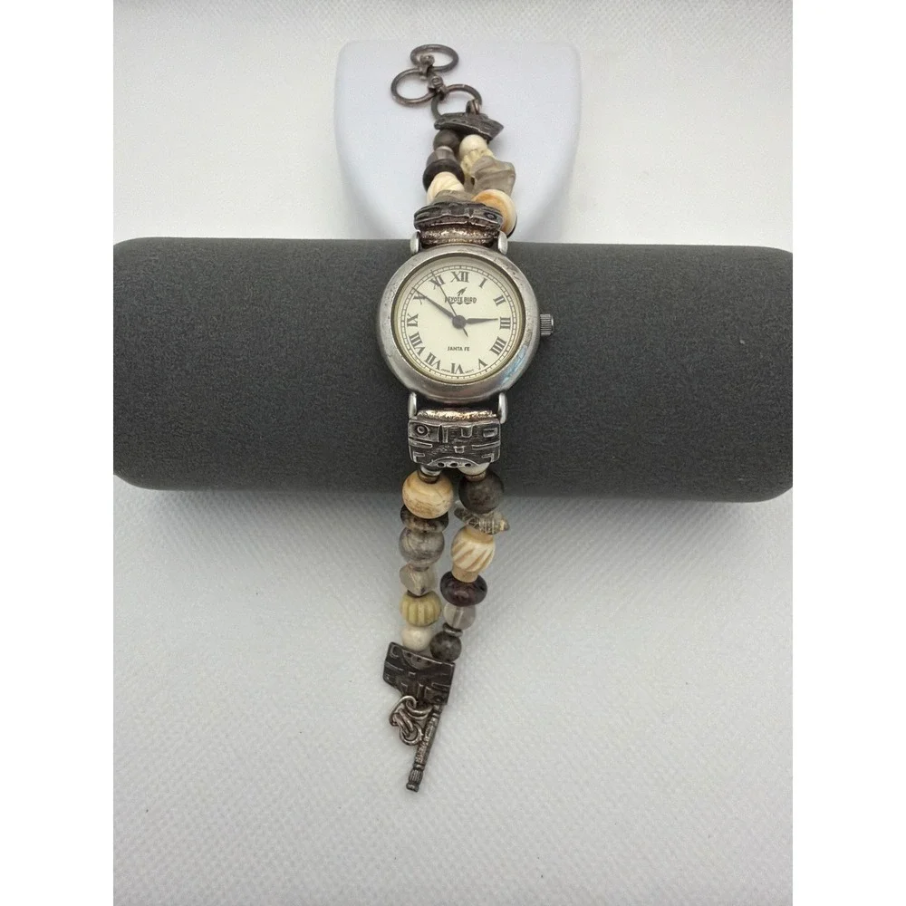 Peyote Bird Wristwatch Womens 7.5in Silver Tan Fair Beaded Southwestern Santa Fe